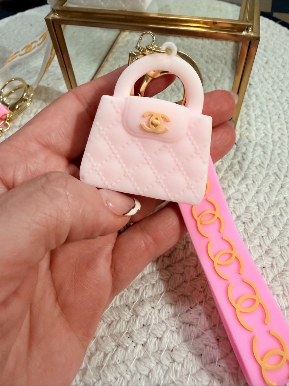 Novelty Fashion Mini Quilted Bag Keychains - White, Pink, Brown, Brown/Pink - Picture 4 of 6